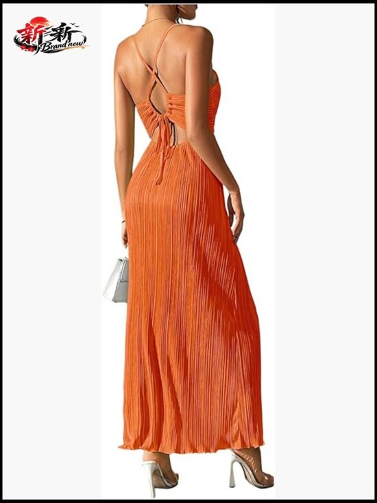 Dresses & Skirts - Textured V Neck Sundress Tie Back Spaghetti Strap Pleated A Line Beach Long